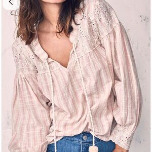 LoveShackFancy Pink Striped Blouse with Lace Details